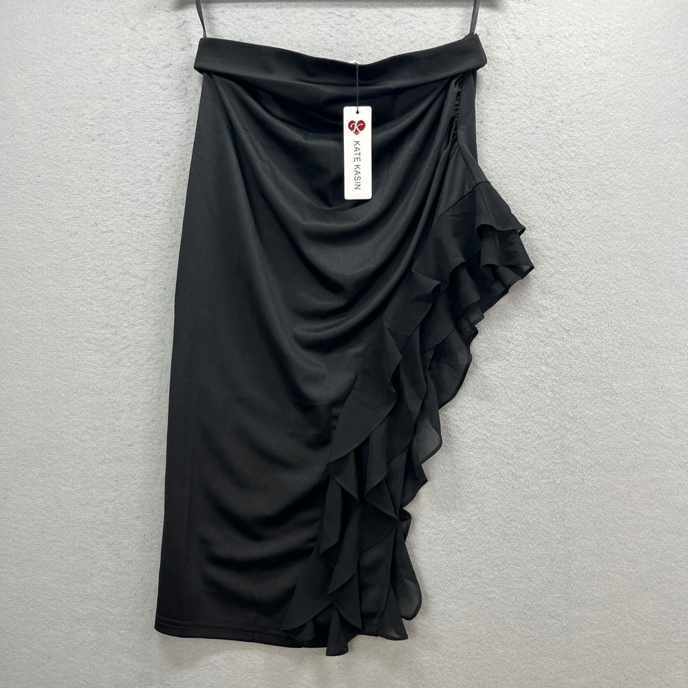 Kate Kasin Skirt Womens 15x29.5 Black Draped Ruffle Asymmetrical Stretch Elegant